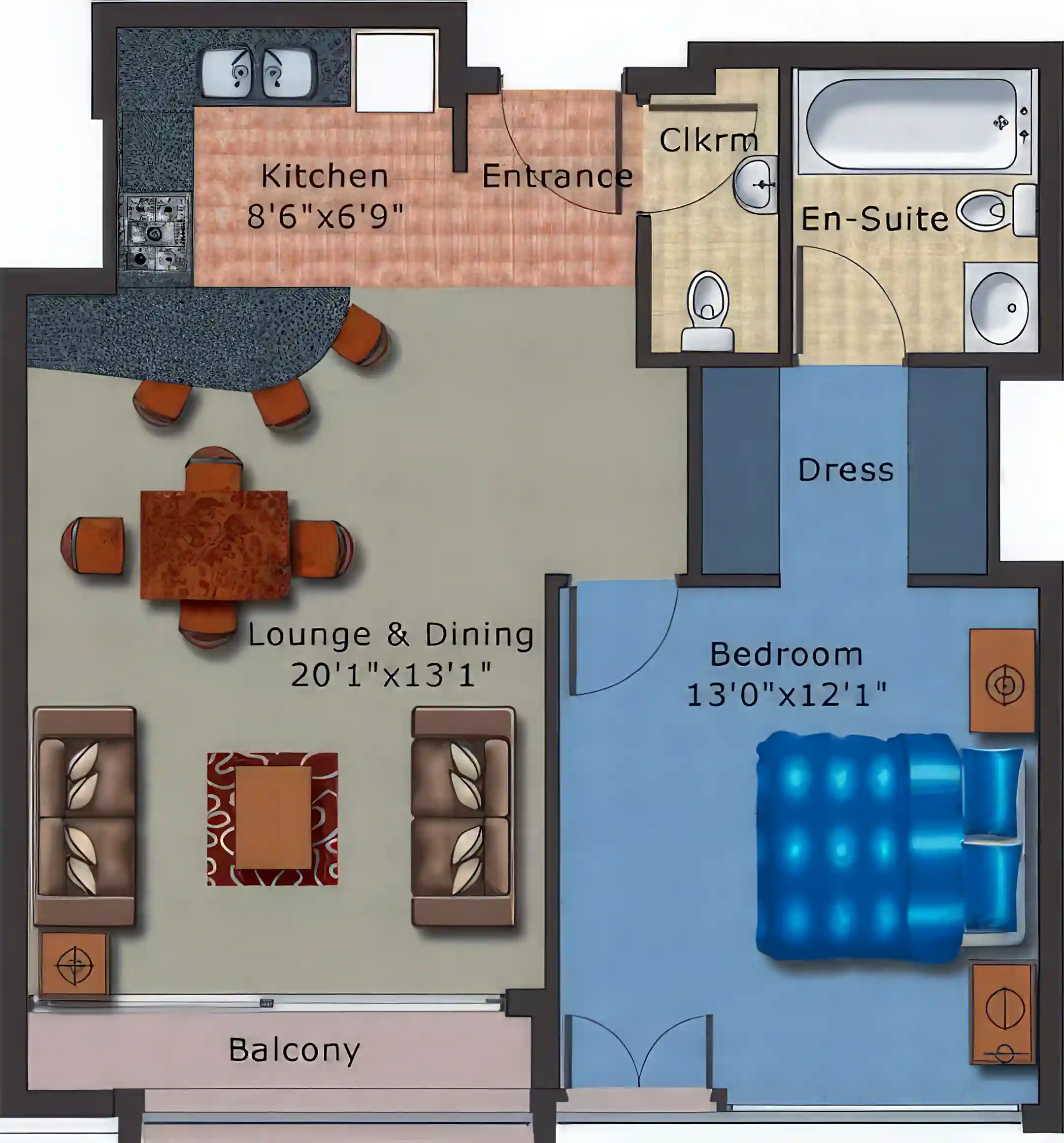 Plan: 1 bedroom apartment - 650 Sq. Ft