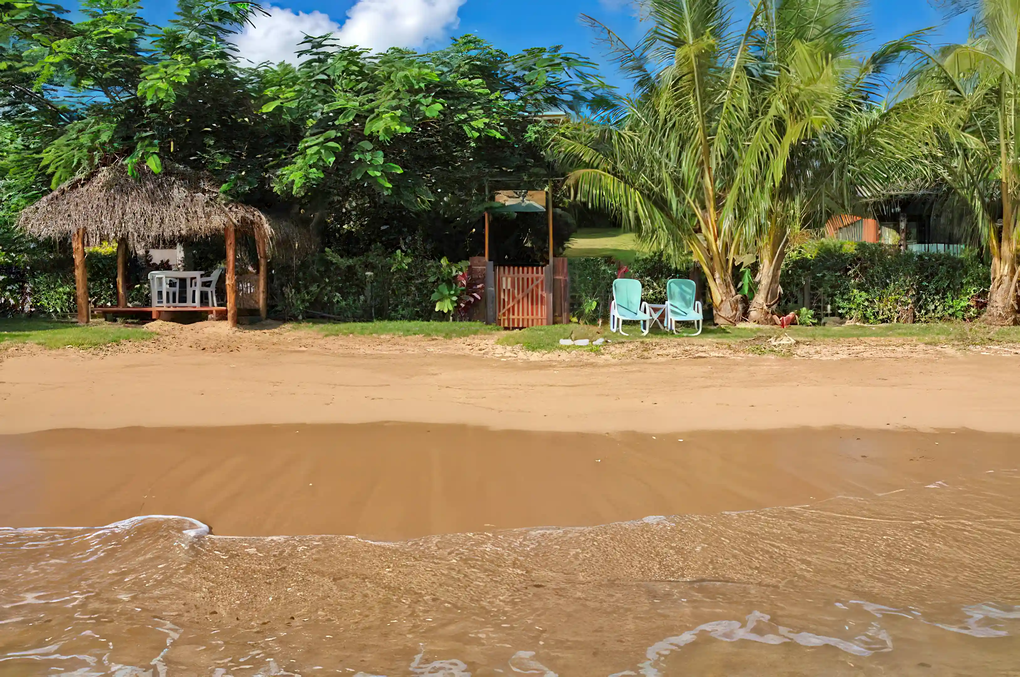The resort sits on this secluded golden sand beach