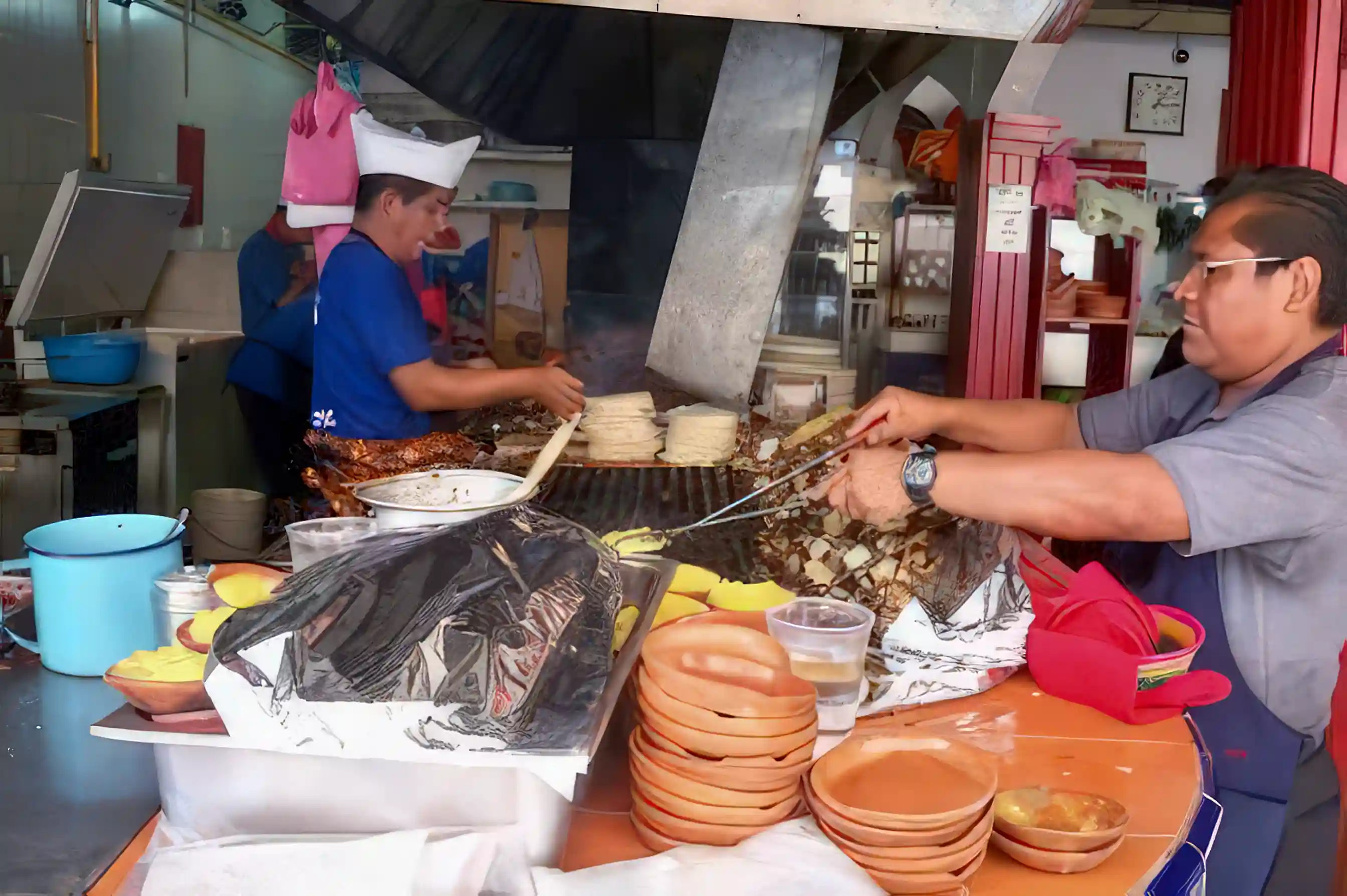 16. Chefs barbeque chicken at La Fogata restaurant farther along...