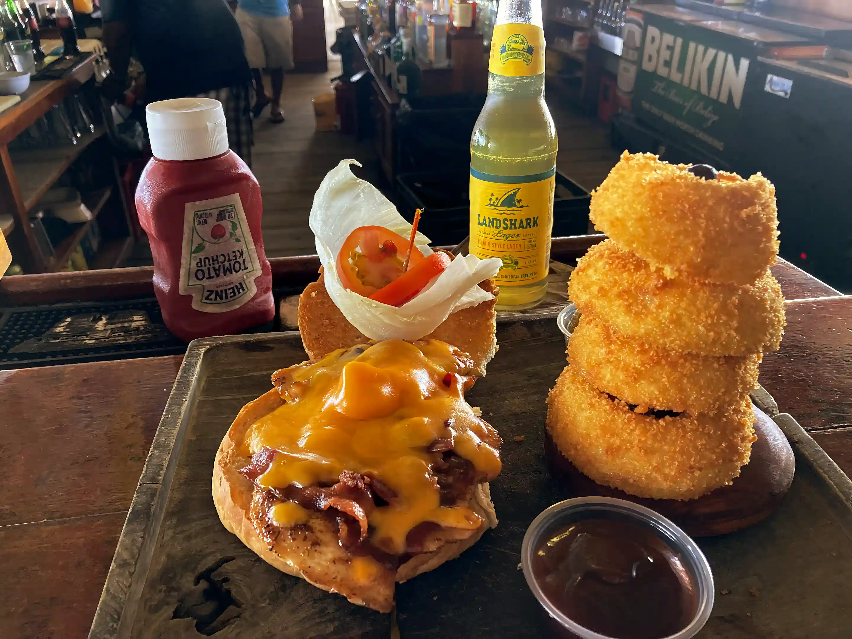 Angus Beef and Bacon Cheeseburger with our Homemade Onion Rings...