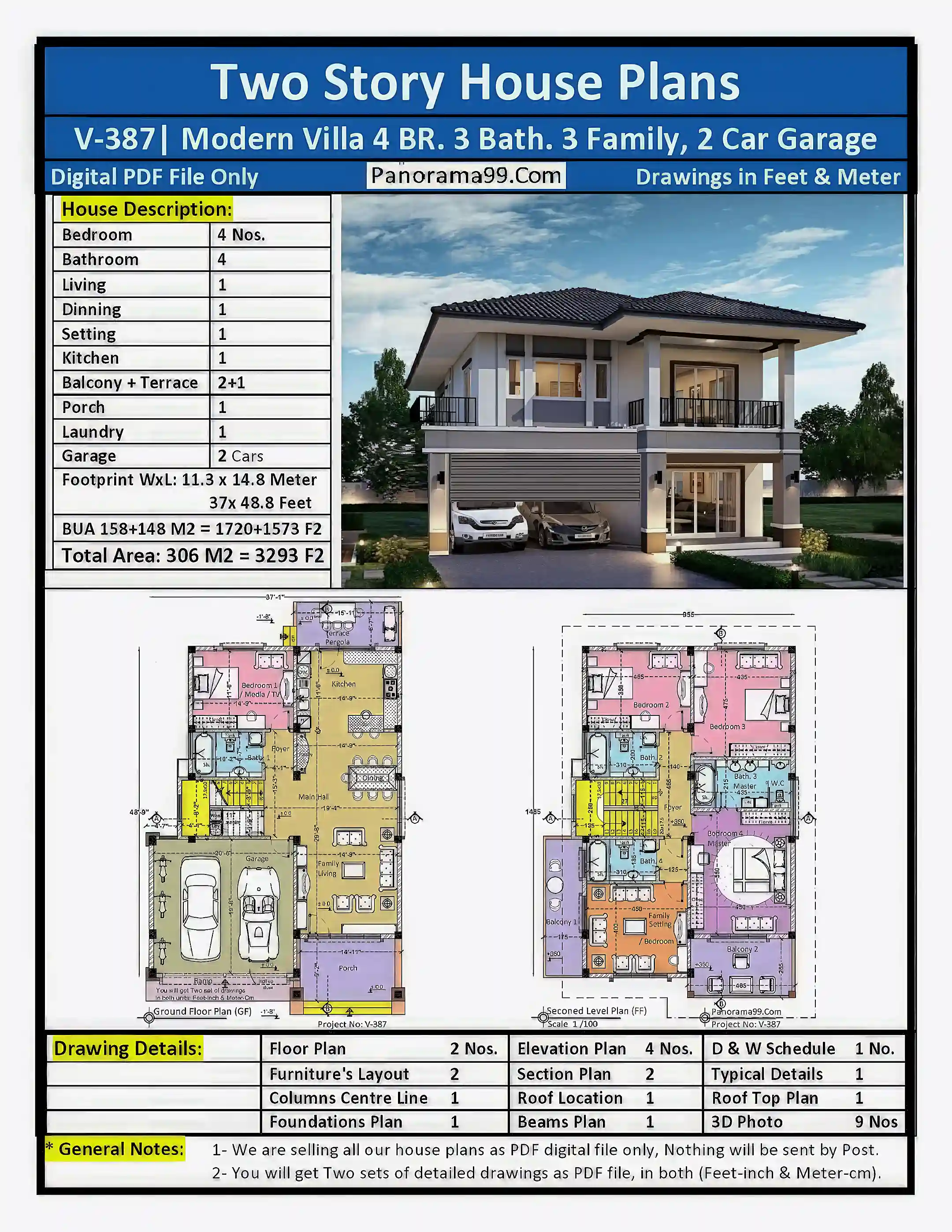 V-387| Modern Two Story Villa Plans, 4 Bedroom Modern House...