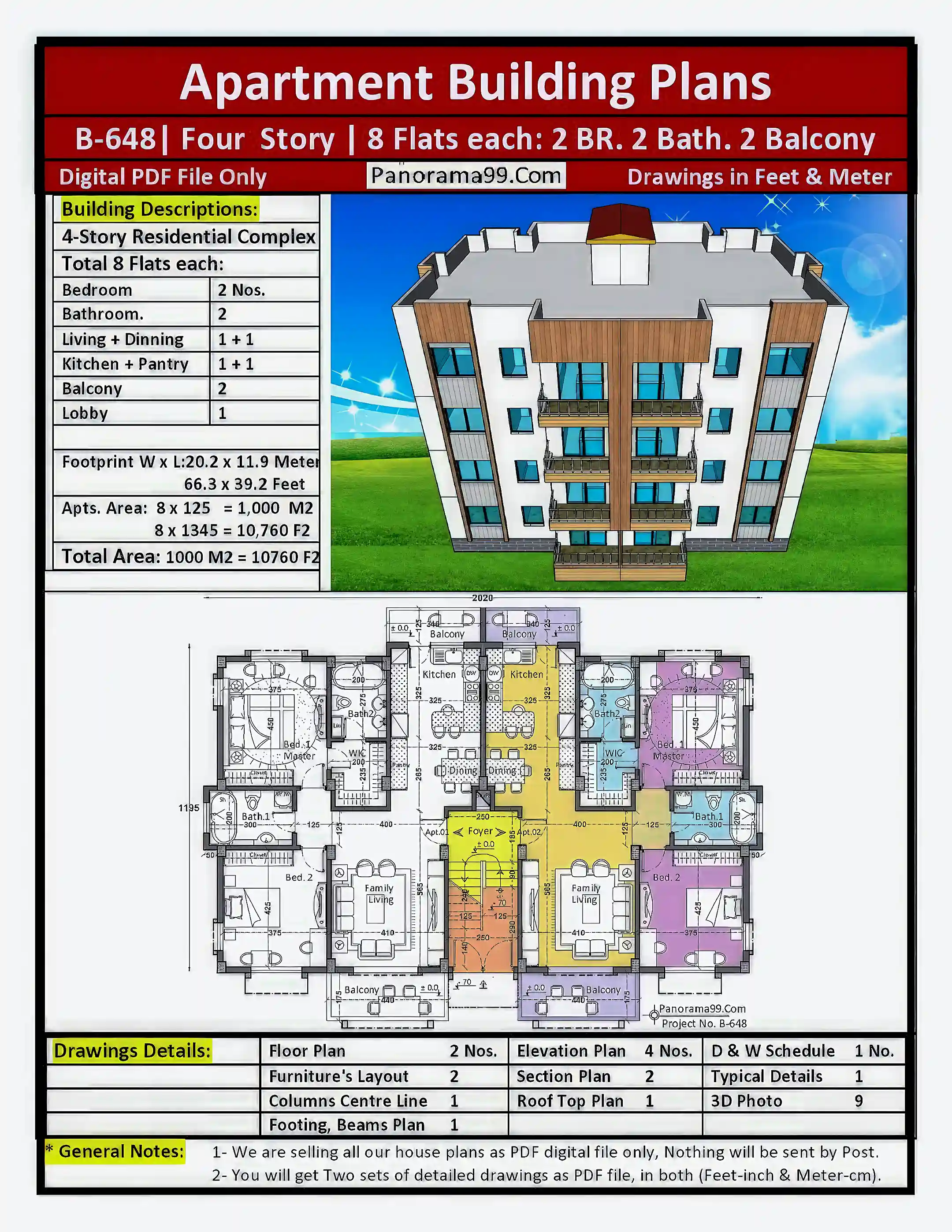 B-648| Modern Apartment Building Plans – 8 Units with 2...