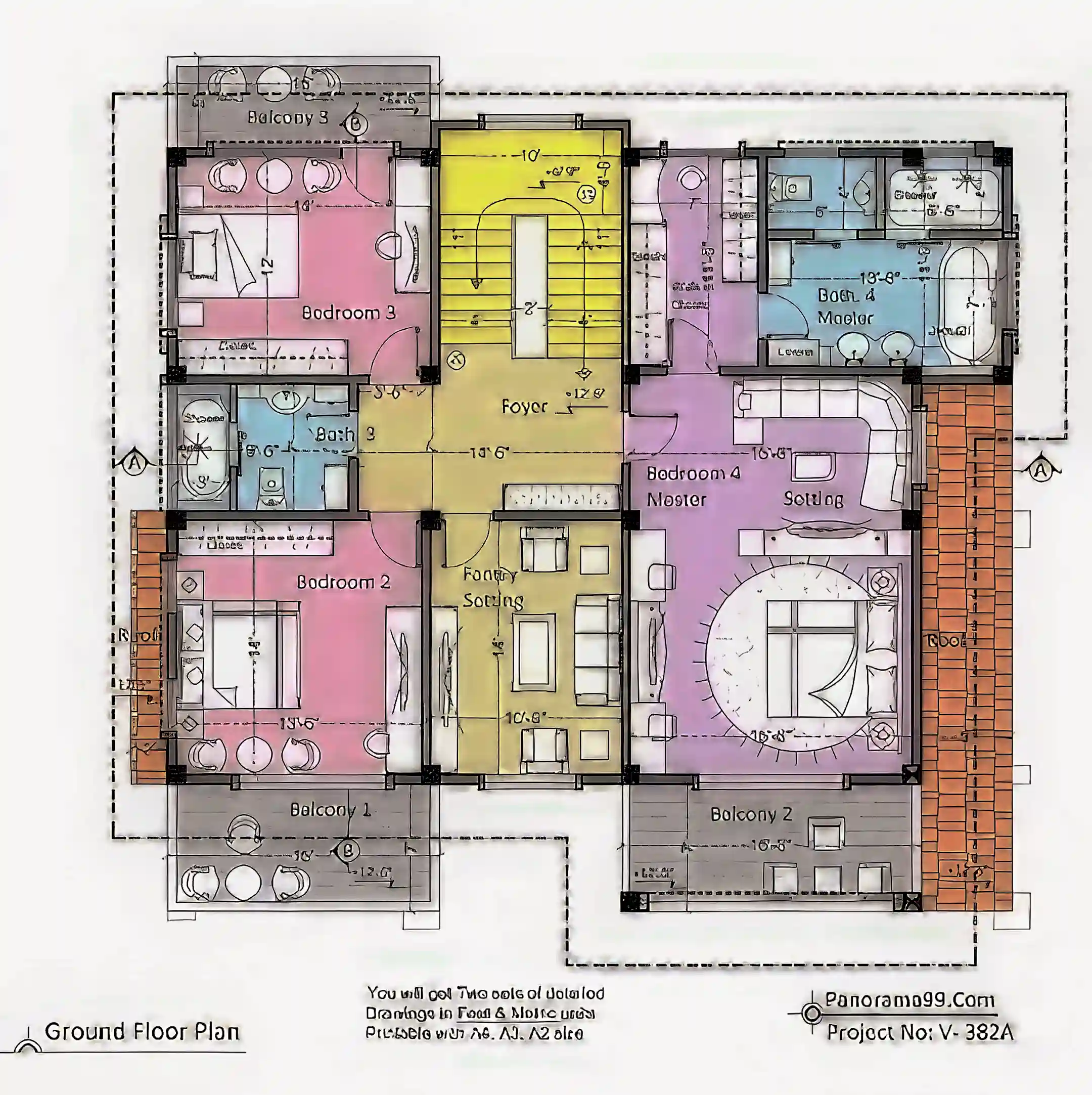 V-422 Concrete Flat roof modern house plan, two floors terrace...