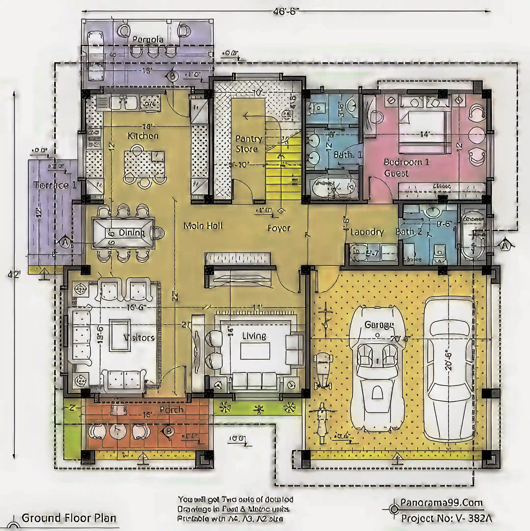 V-403 Bungalow blueprints floor plan, modern One story house Plan,...