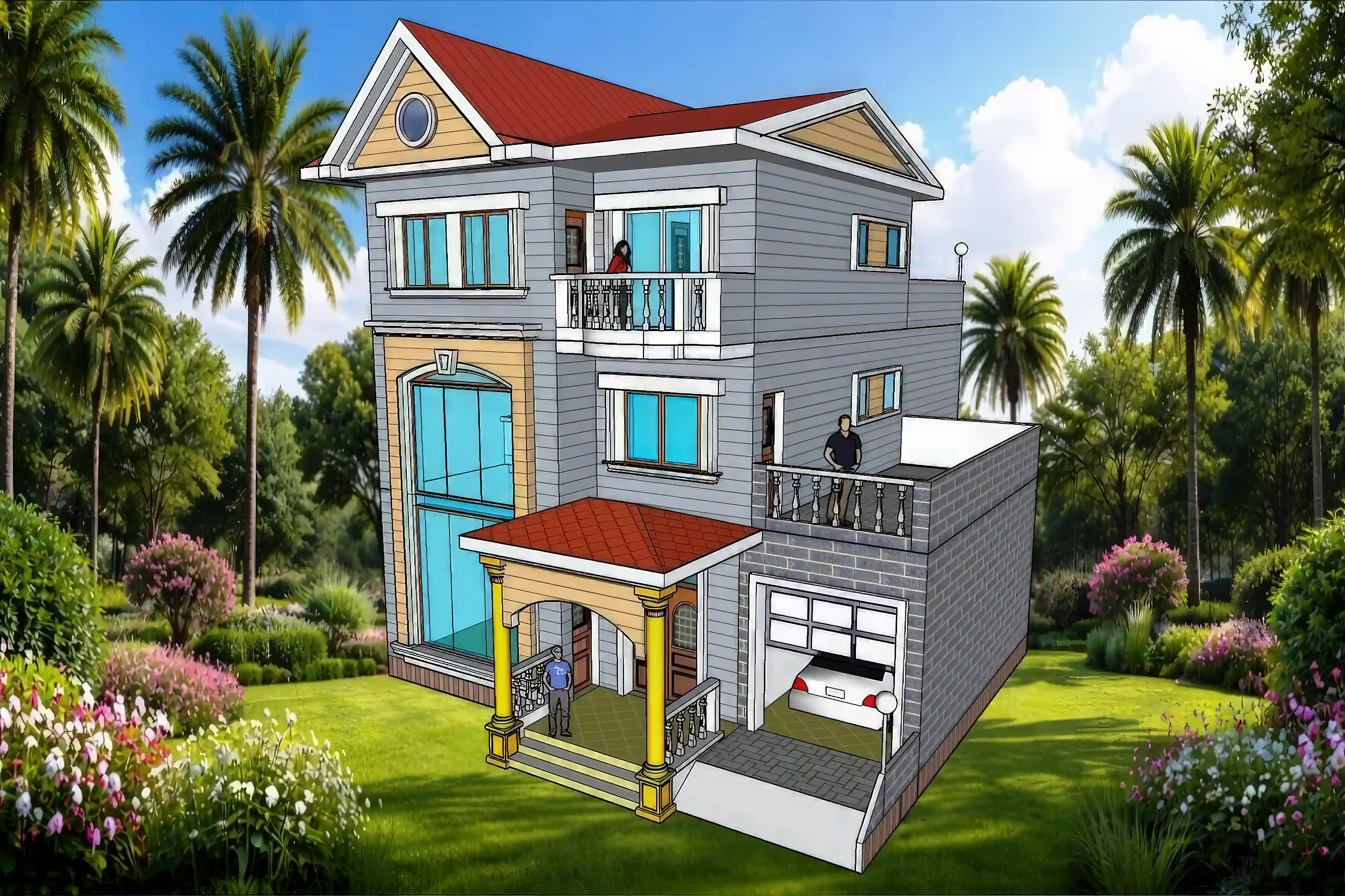 V-534| Three Story House Plans, Triplex Villa 5 BR. 4.5...