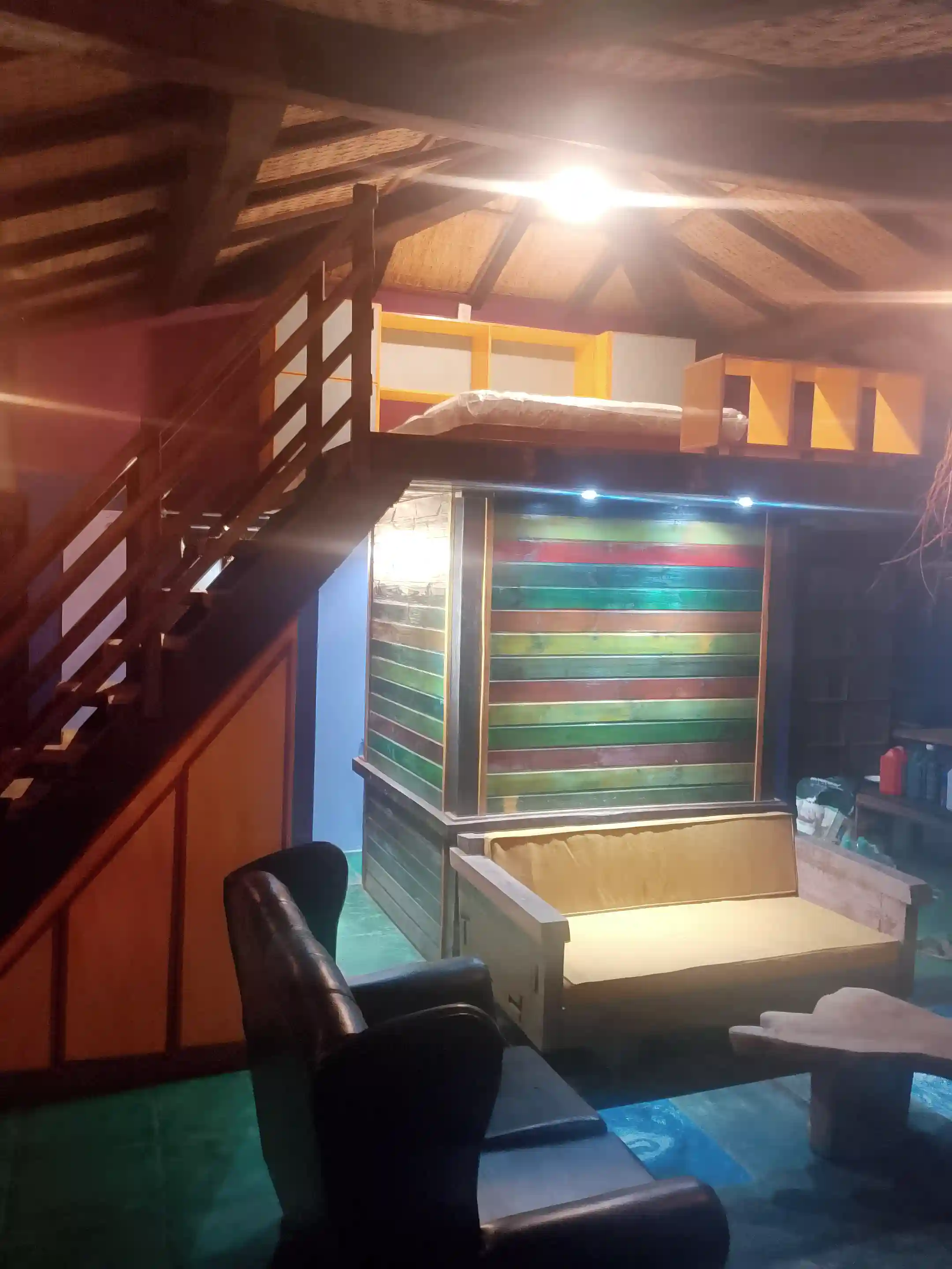 Loft bed and living room.