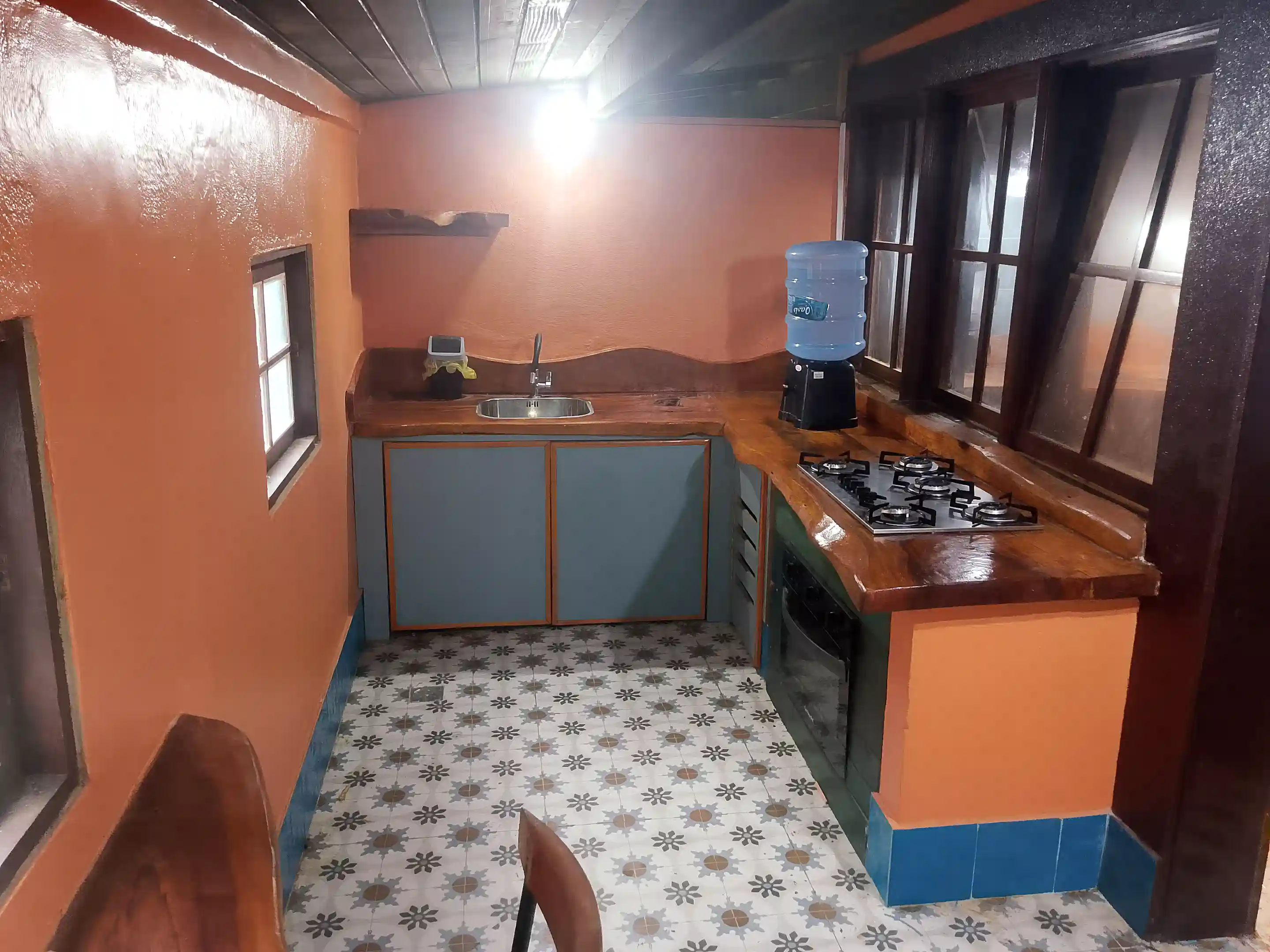 Cooktop and oven in exotic ,slab of a Harwood tree.
