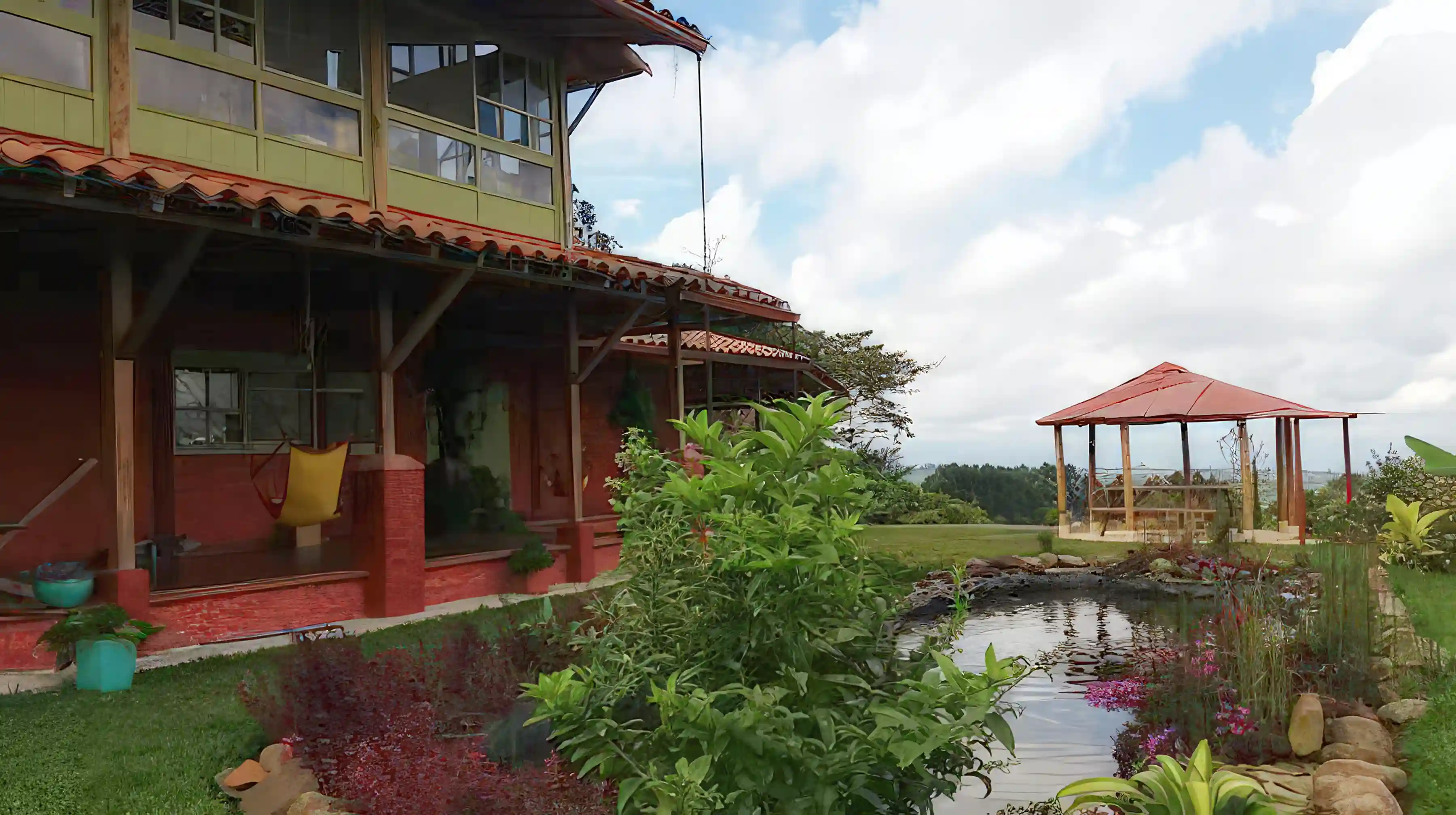 Frontside of the house with koi pond