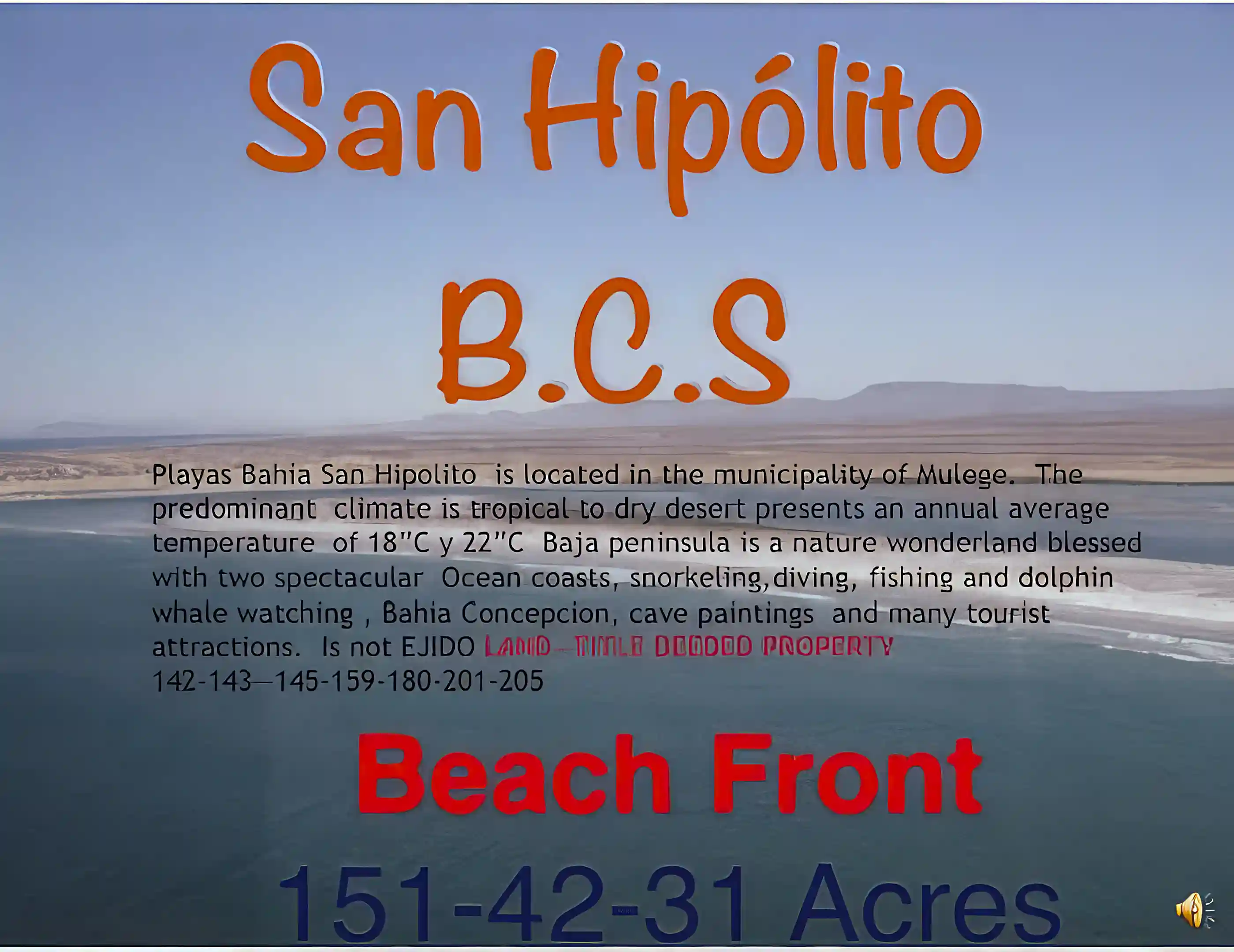 Ocean Front Land for Sale in 0 San Hipolito, Mulege, Baja California