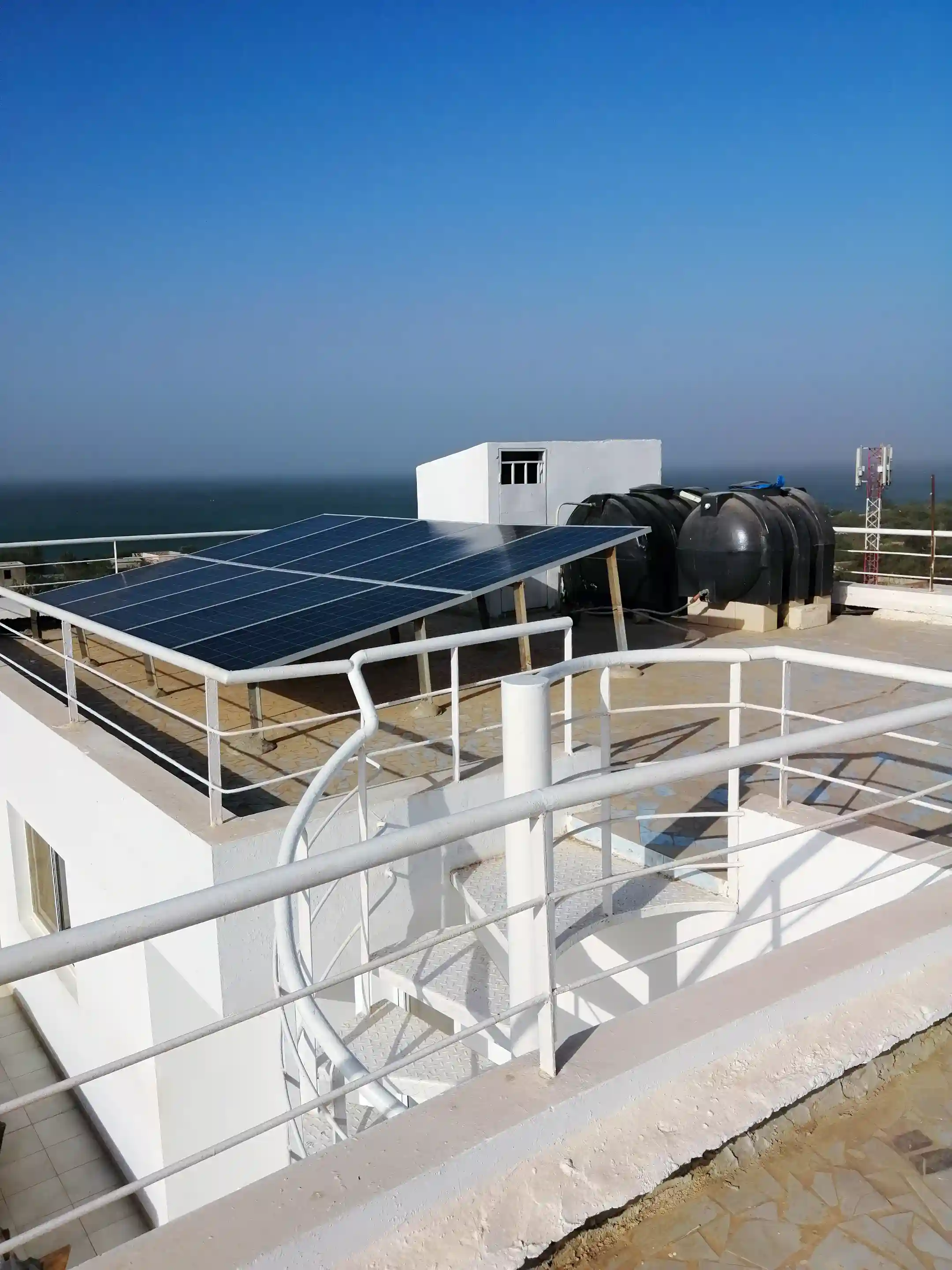 Top of villa with solar panels.