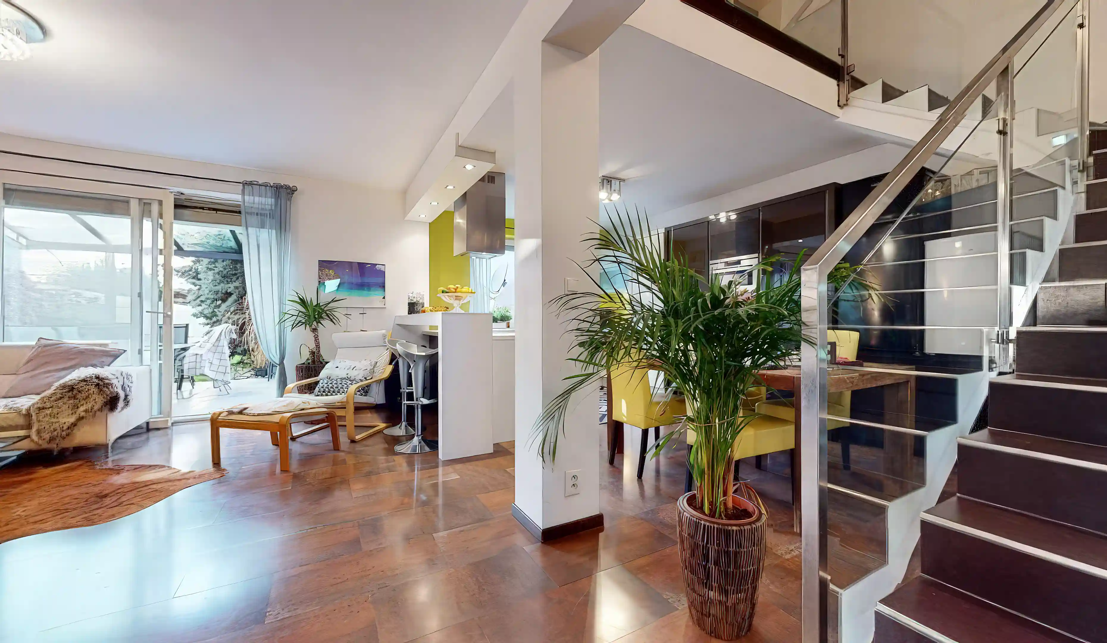 view into the kitchen and steps updoor