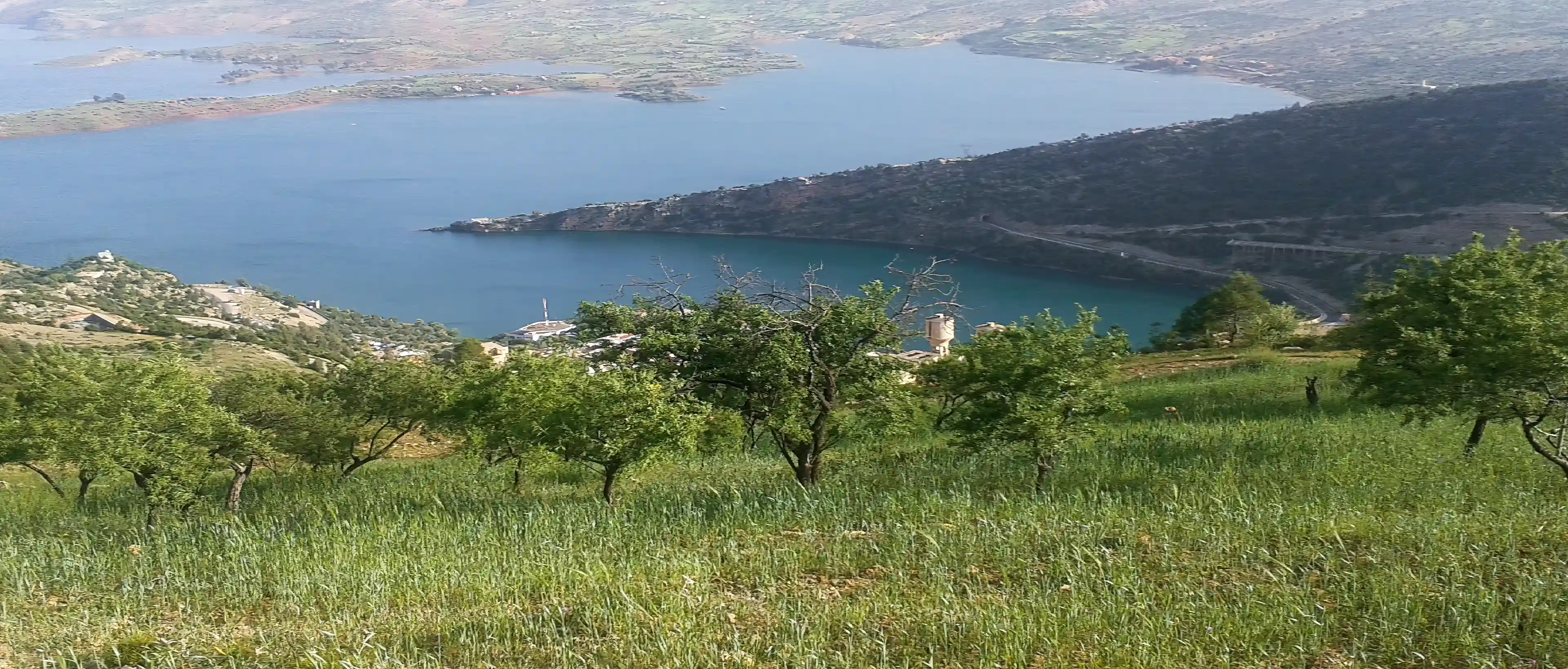 Looking down the valley and lake from the center of...