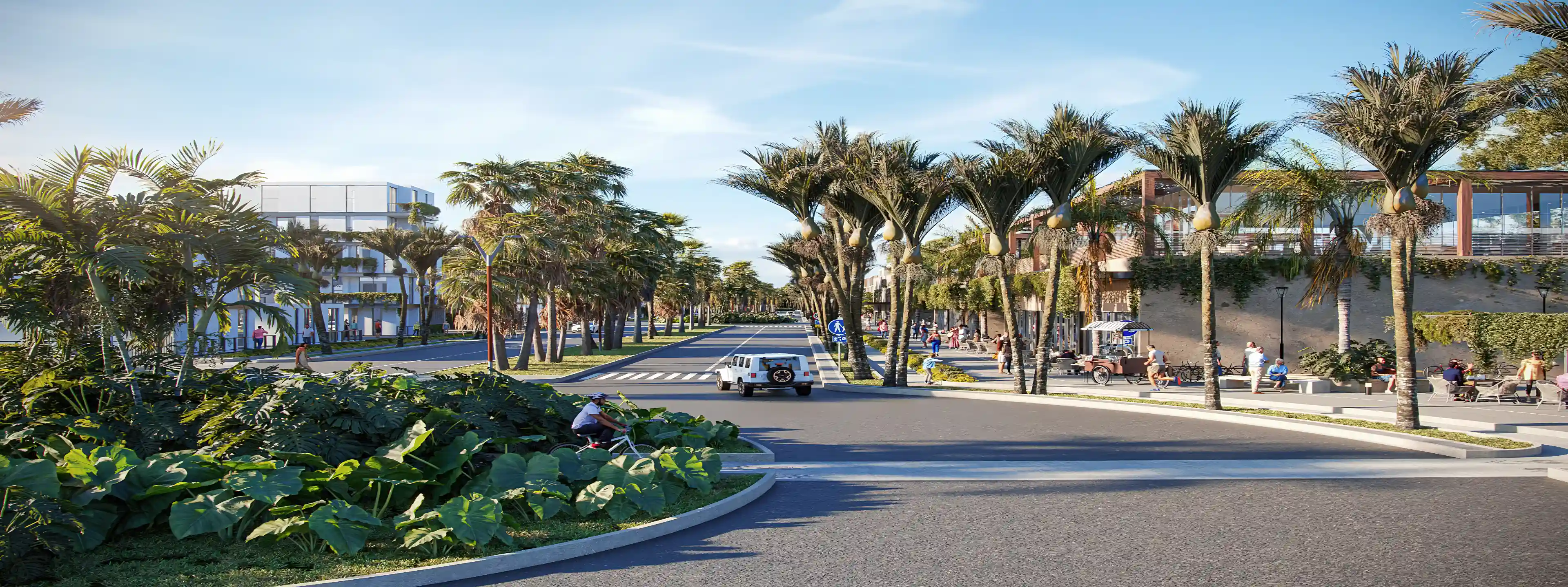 A vibrant main avenue lined with shopping and dining options...