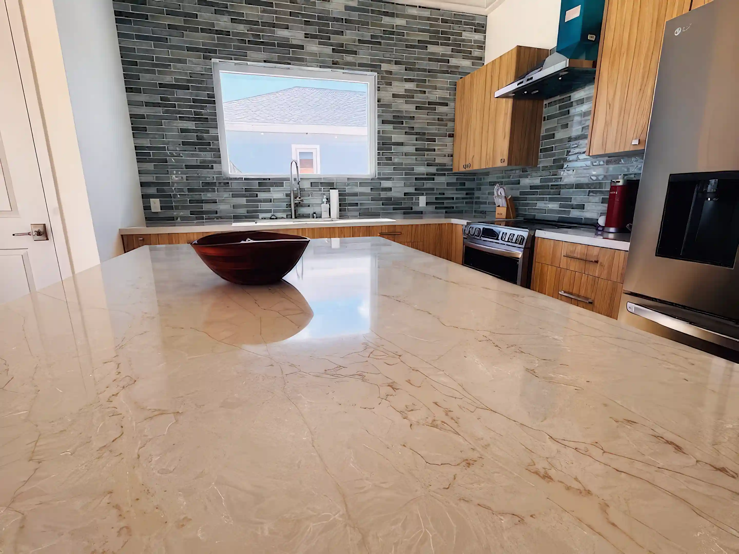 large kitchen with built in microwave