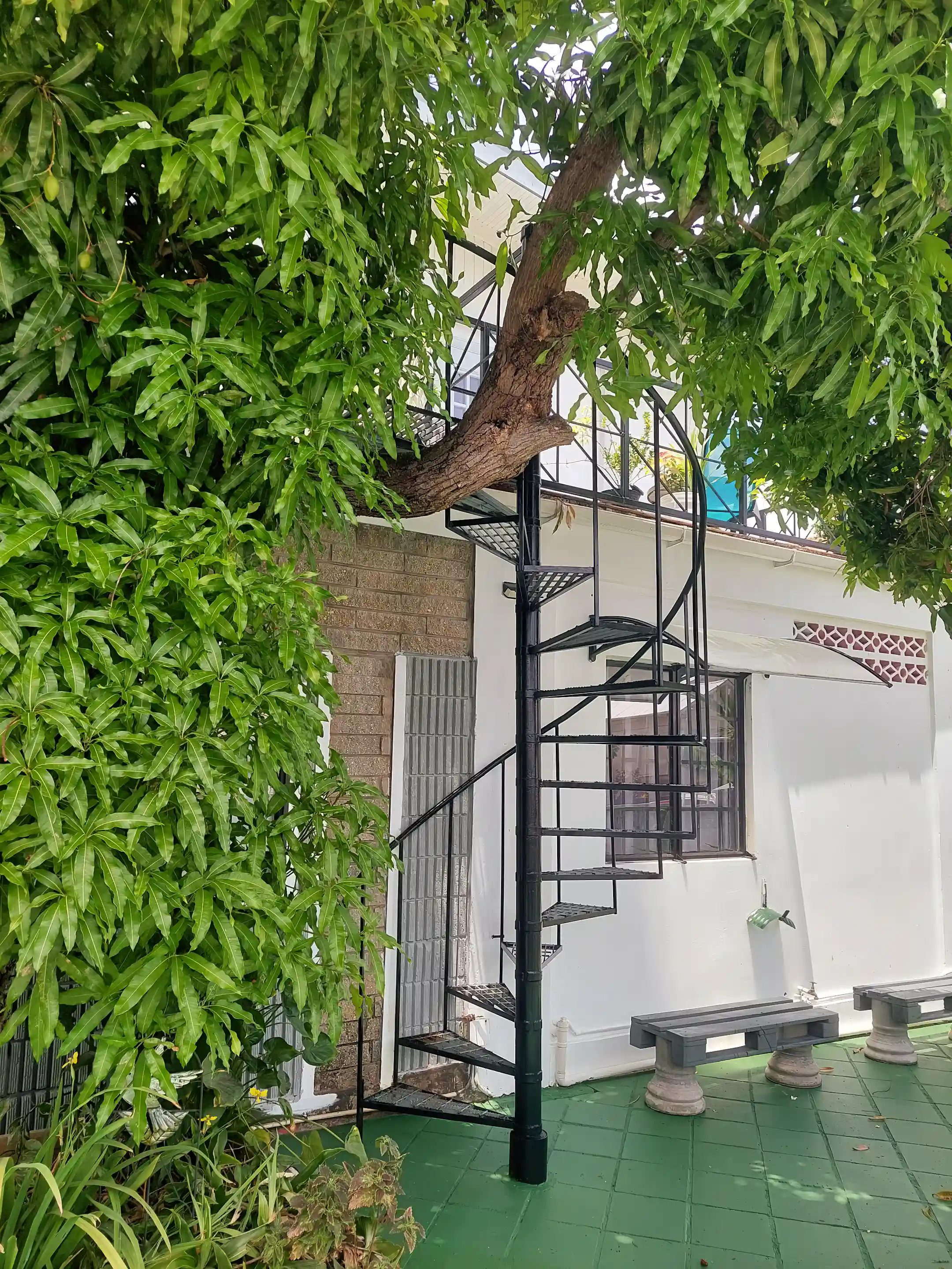 Spiral staircase leading to 2 upper studio apts, each with...