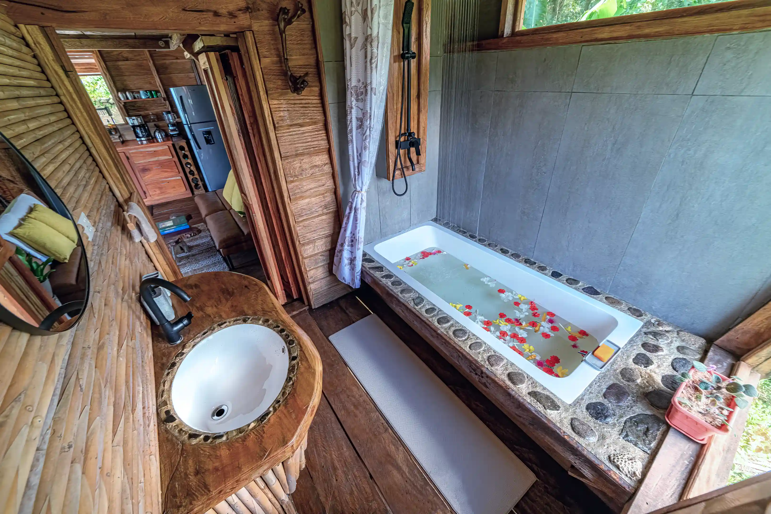 Bathroom overlooking kitchen and living room