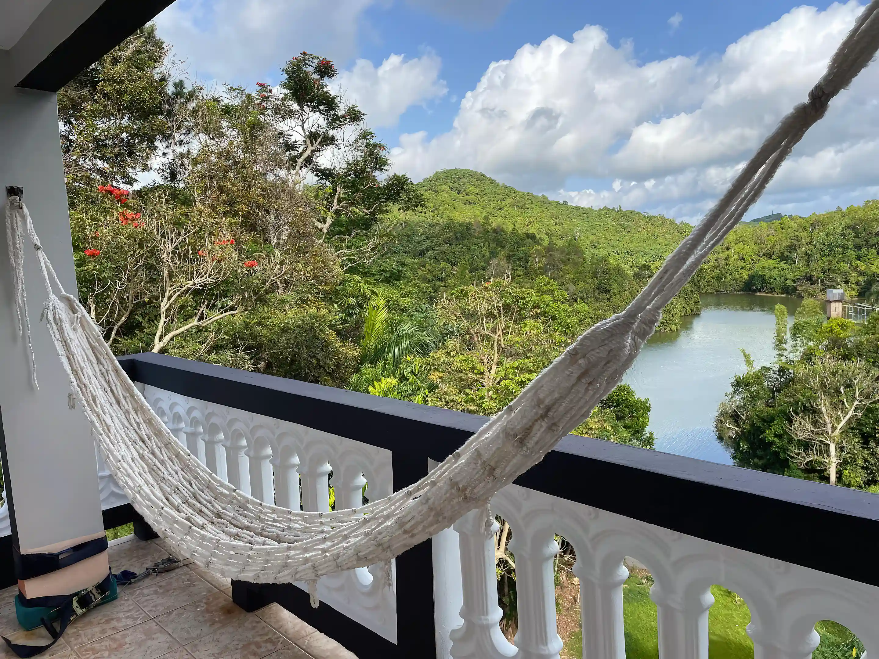 Balcony with hammock overlooking the lake.
