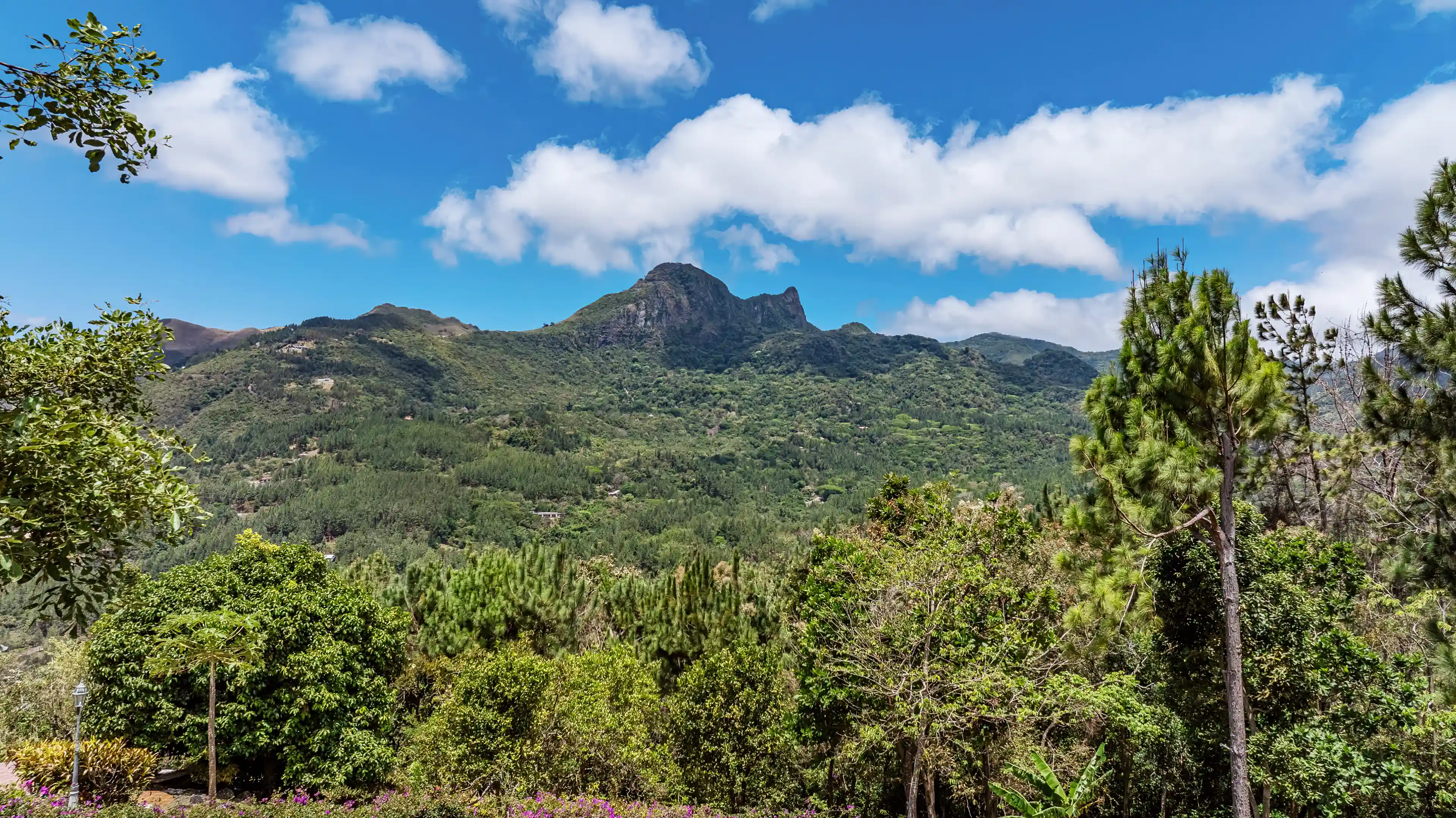 Panoramic view of the surrounding mountains and lush valley visible...