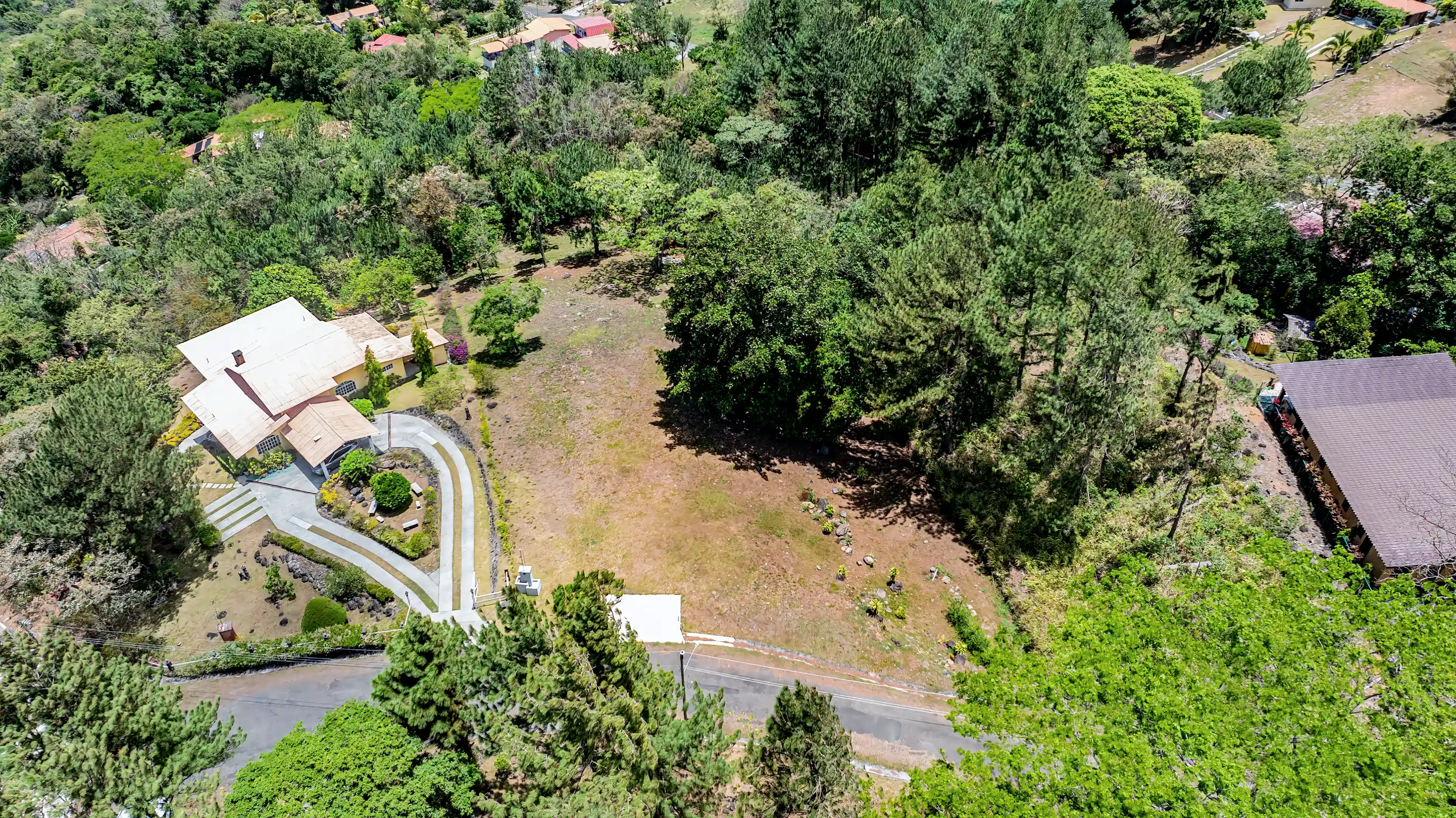 Aerial view of the 2,606.9 m² lot surrounded by native...