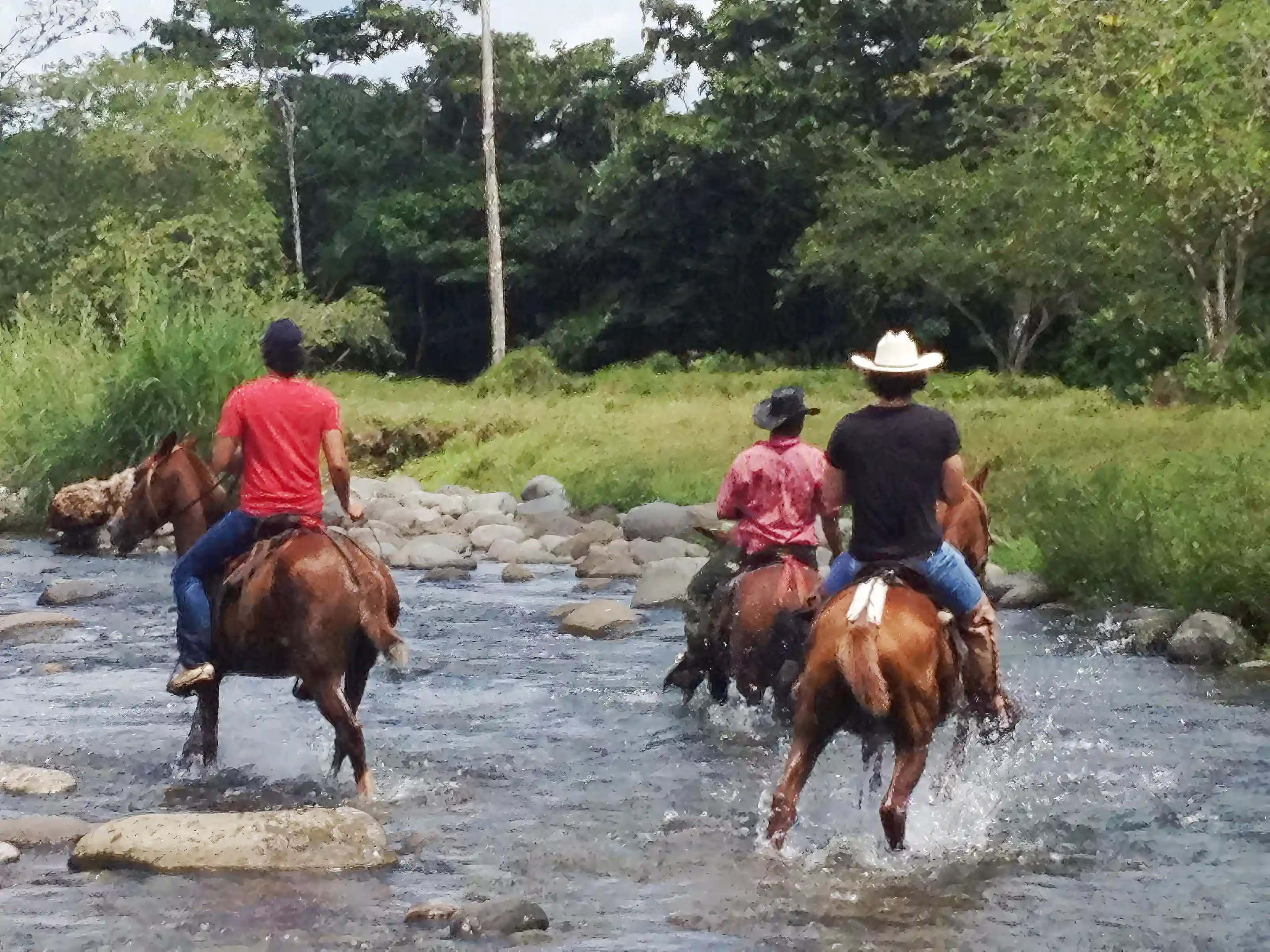 Horseback riding across one of the rivers at Hacienda Santa...