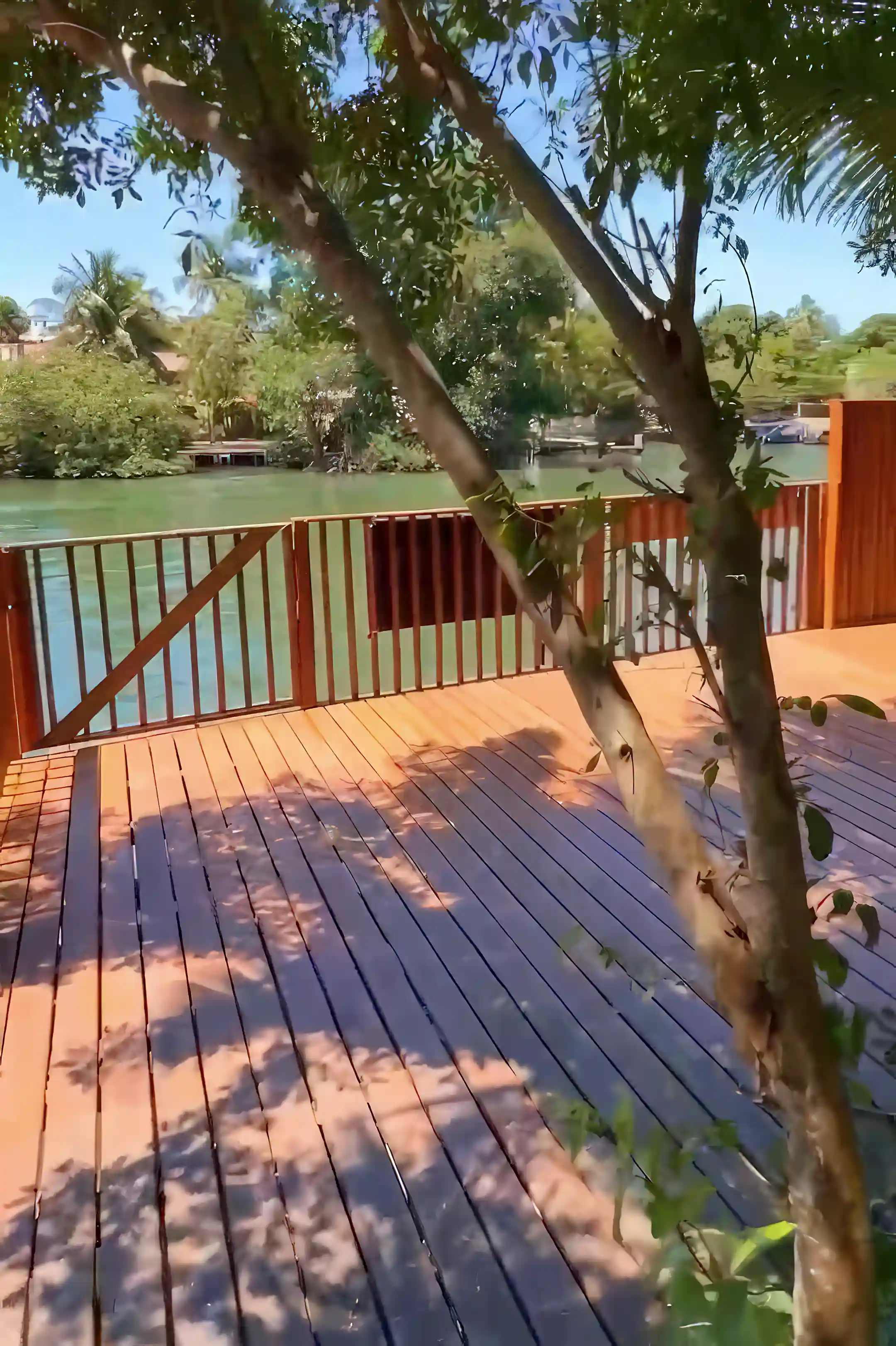 tropical hard wood deck at lakefront