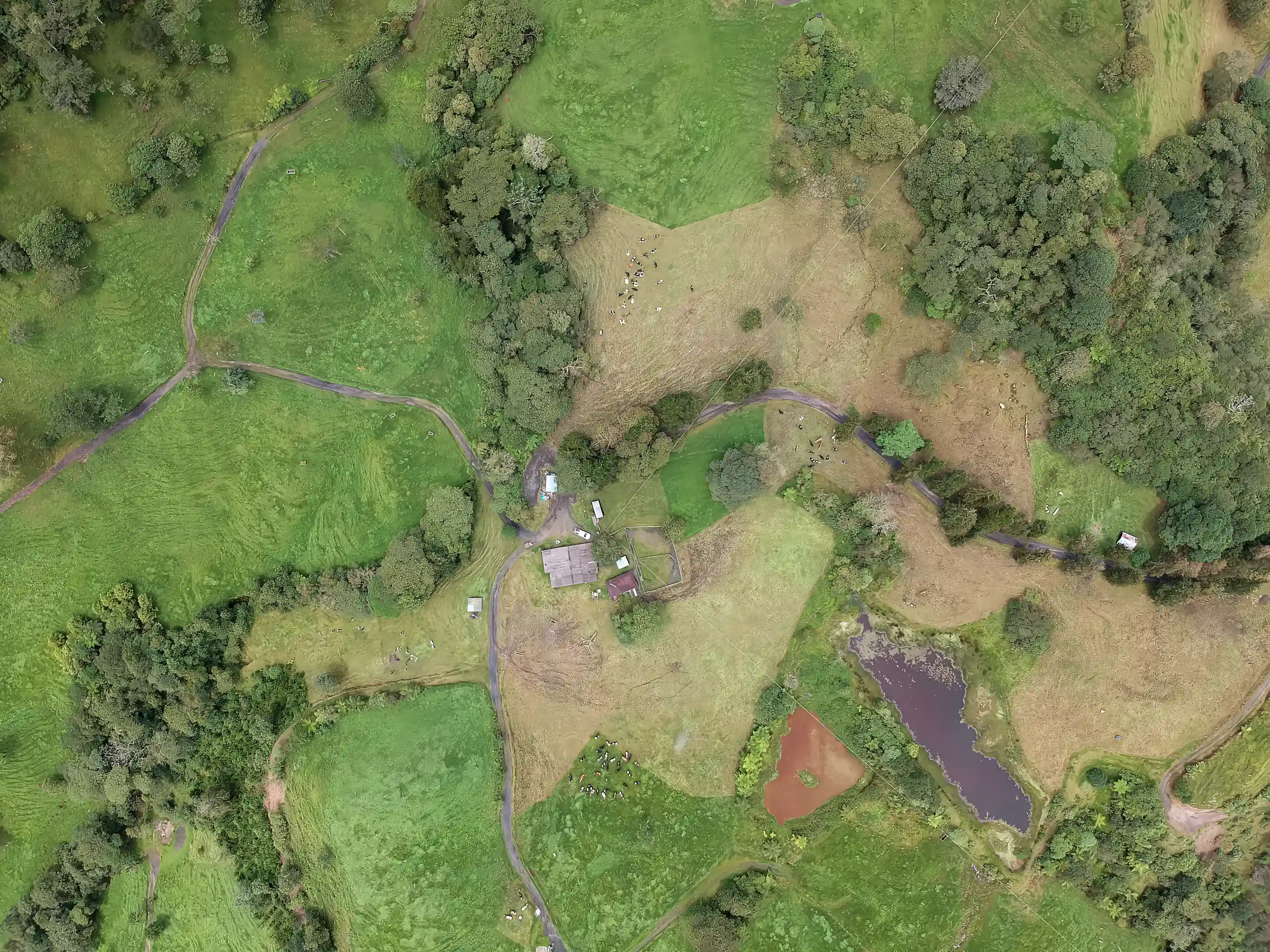 Aerial view of the main house, reservoir and pastures