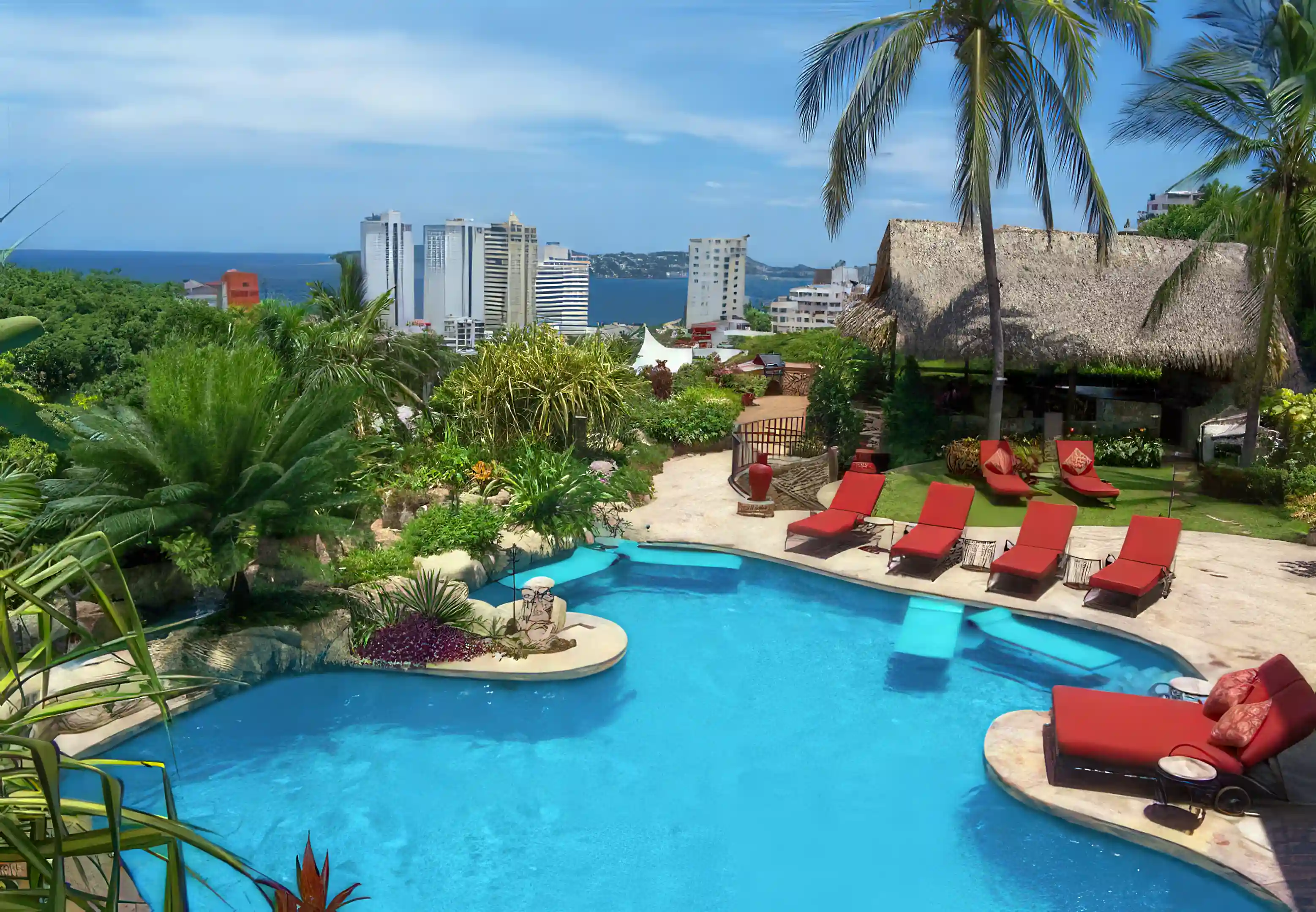 POOL-PALAPA ENTERTAINMENT CENTER-VIEW OF ACAPULCO BAY